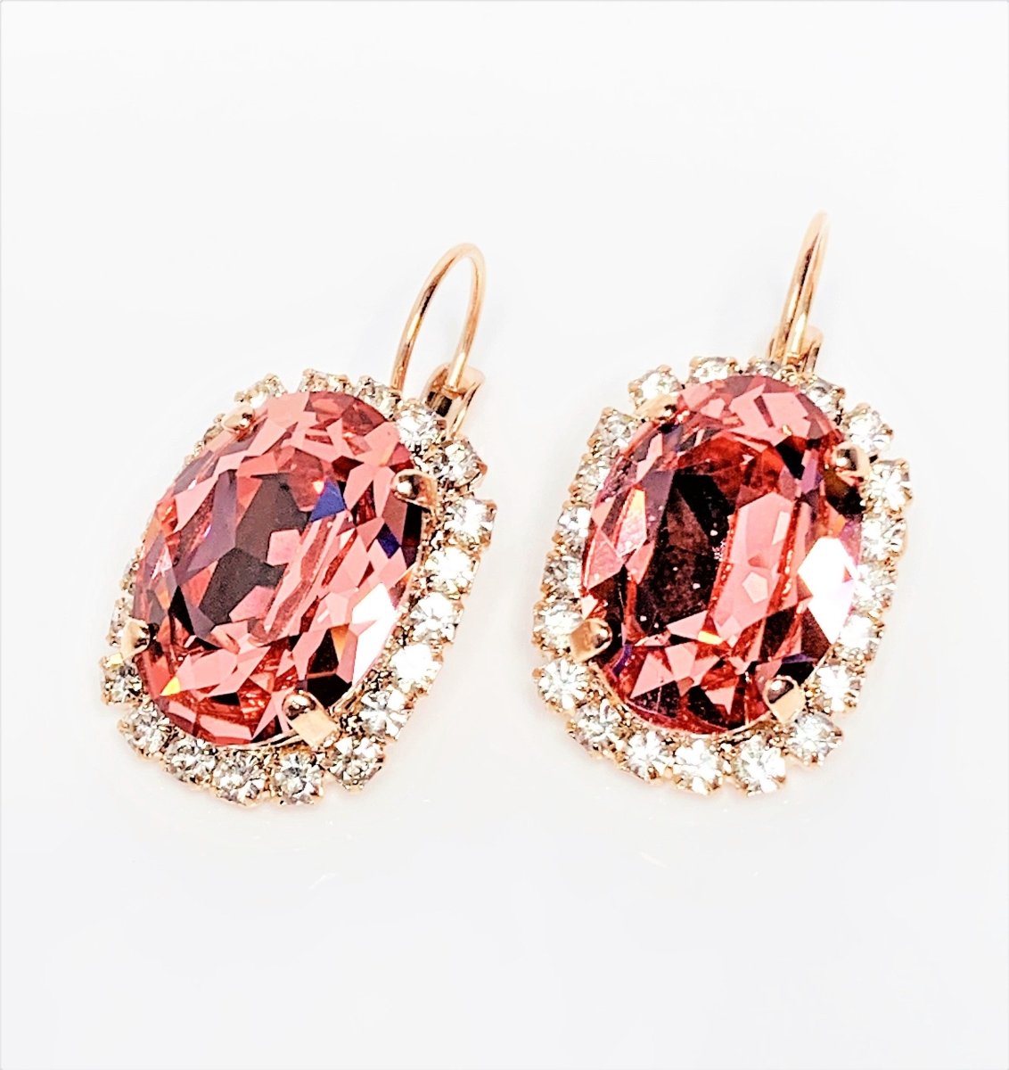 Rose Peach Austrian Crystal Earrings | Oval Lever Back Earrings
