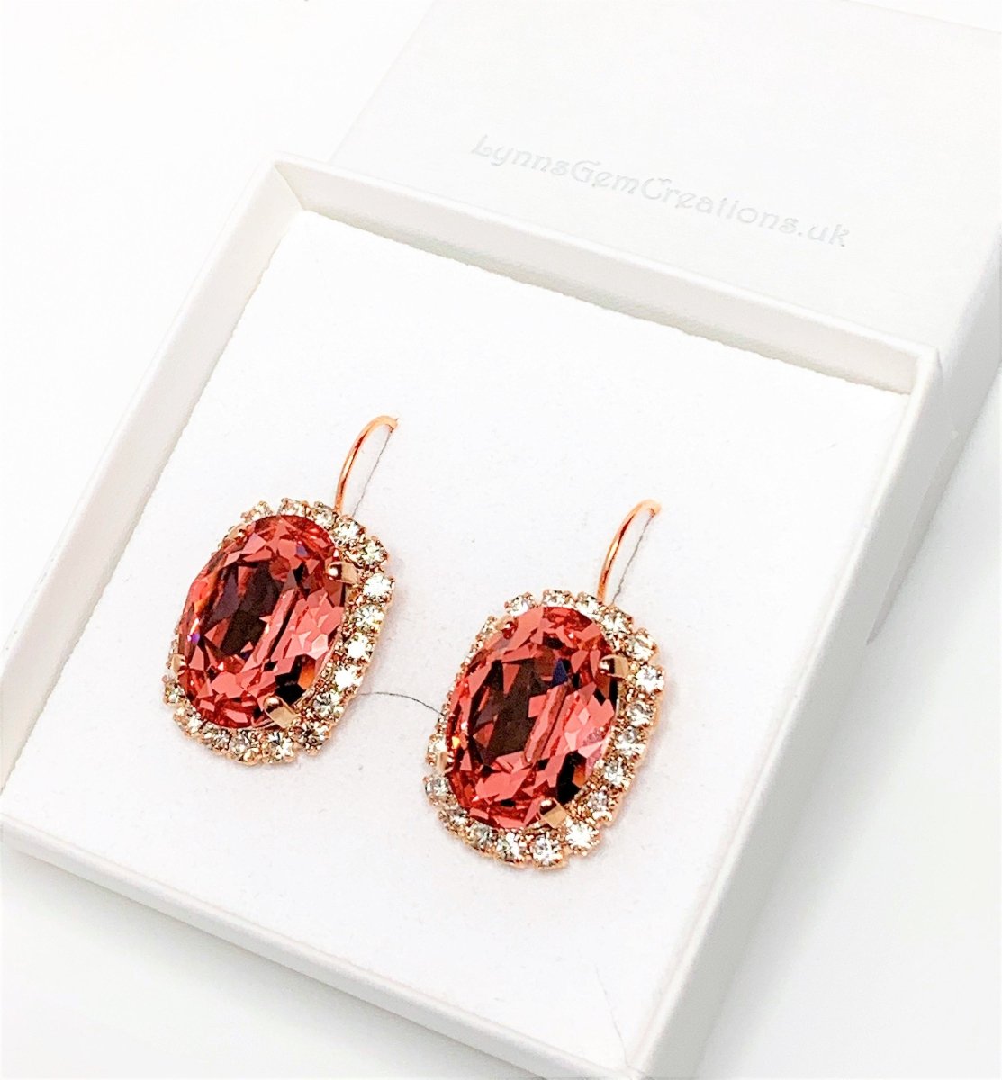Rose Peach Austrian Crystal Earrings | Oval Lever Back Earrings