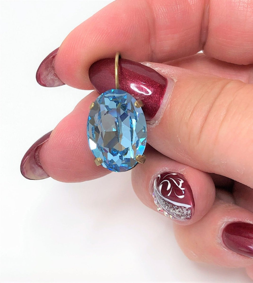 Aquamarine Premium Crystal Earrings | Blue Oval Statement Drops | Antique Brass