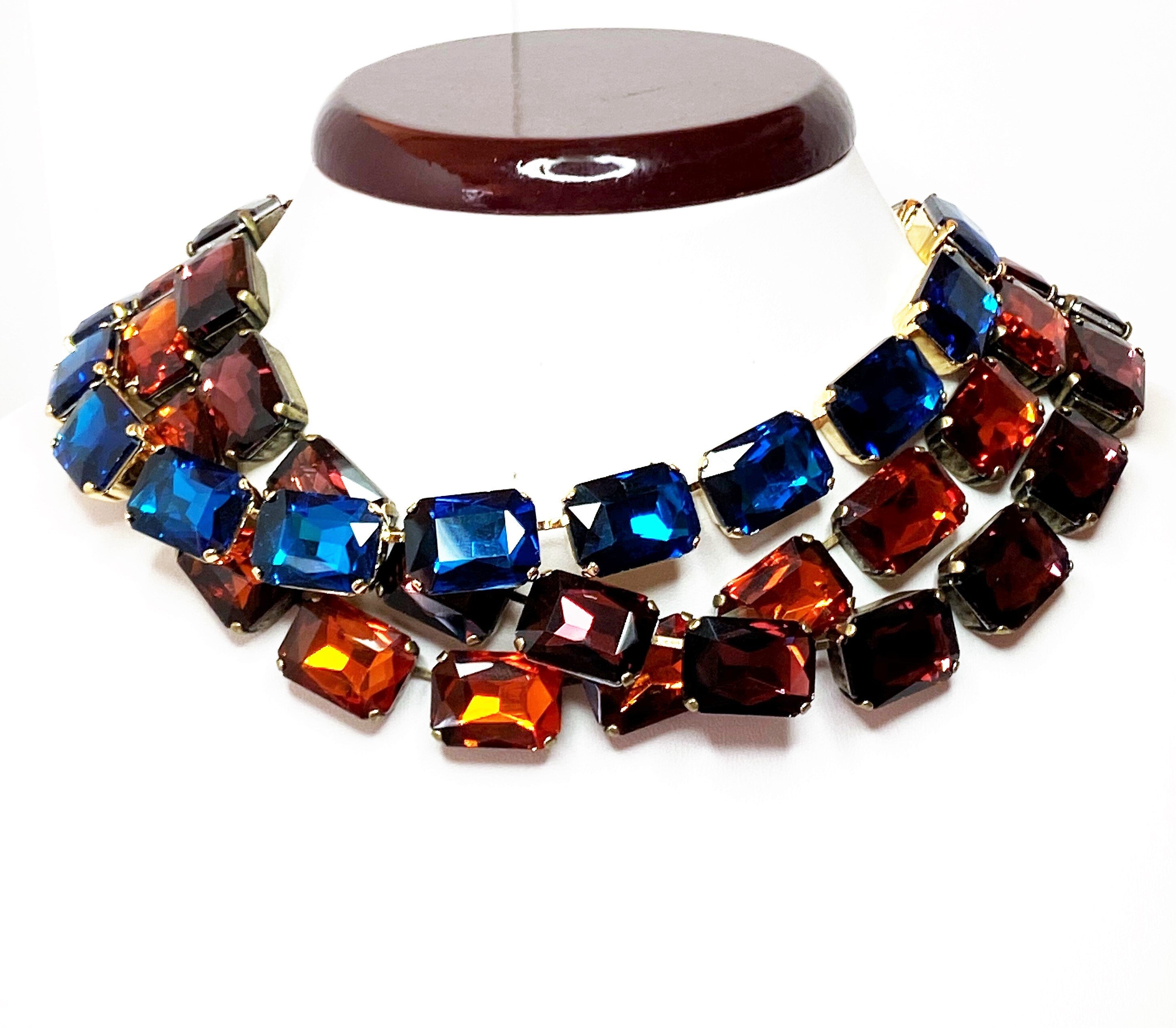 Wine Red Burnt Orange Blue Crystal Statement Chokers | Vintage Necklaces For Women