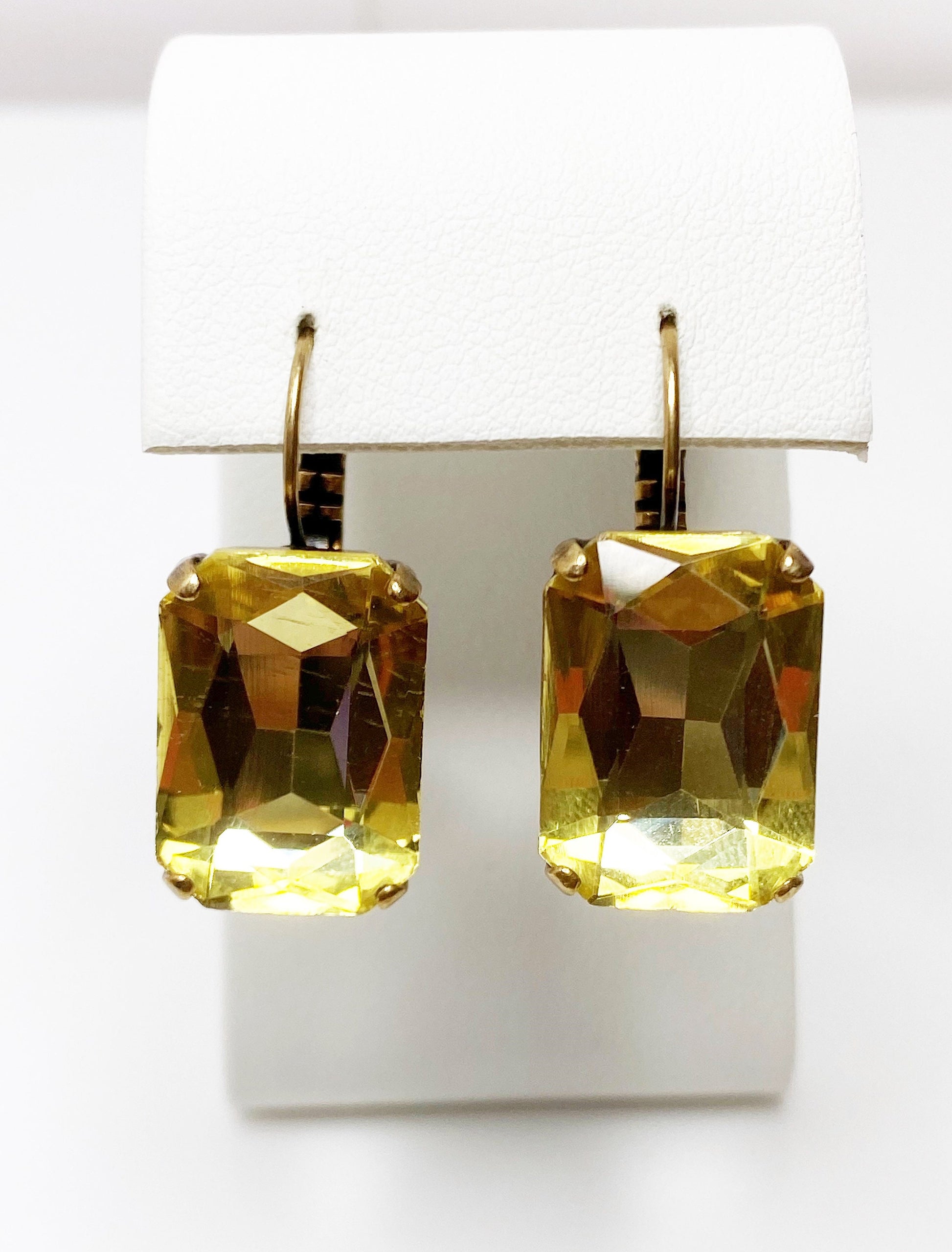 Citrine Lemon Crystal Earrings, Yellow Octagon Dangles, Rhinestone Drops, Earrings for Women, Statement Drops, Antique Brass, Georgian