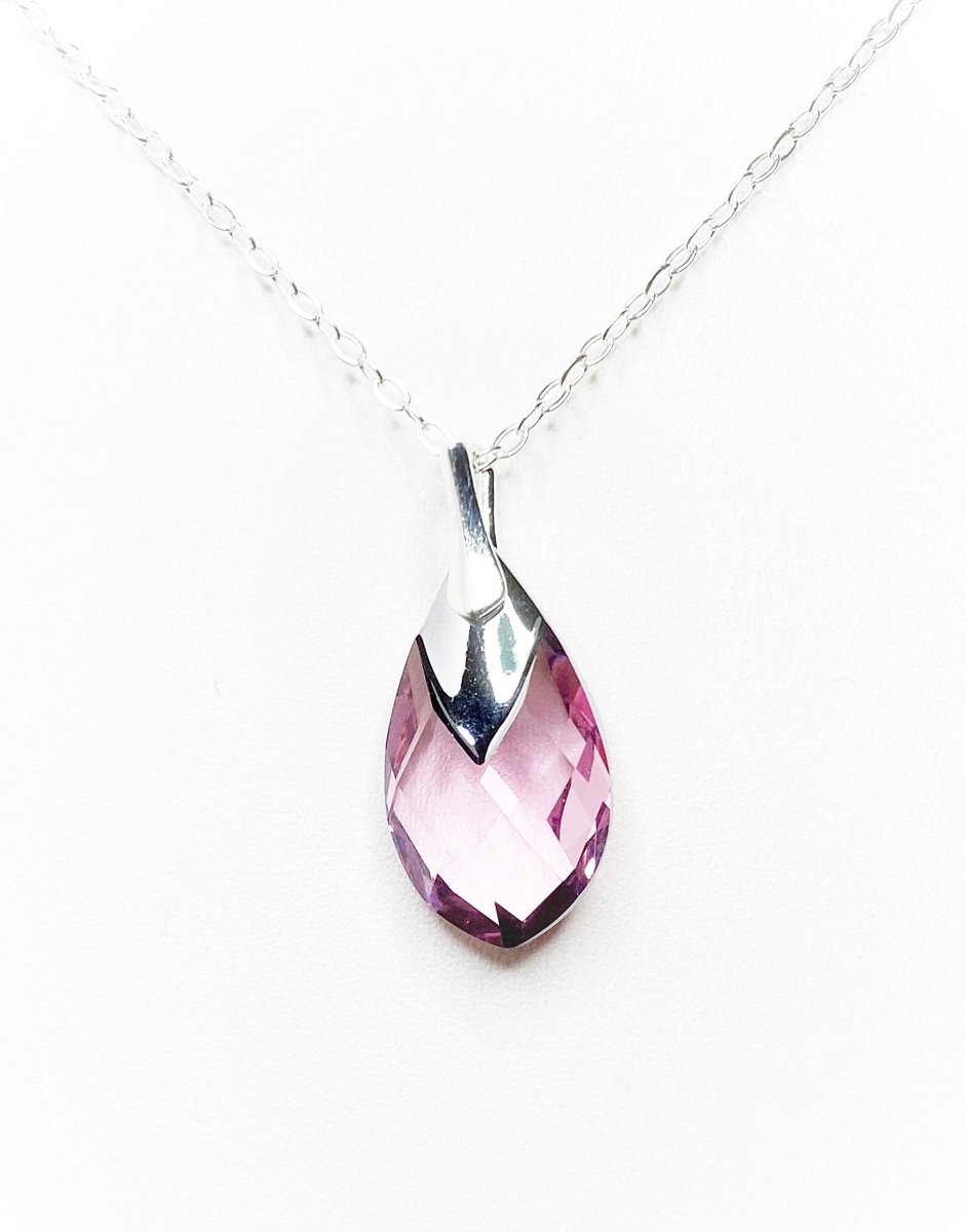 Rose Pink Teardrop Austrian Crystal Pendant | Baby Pink Pendant | Sterling Silver