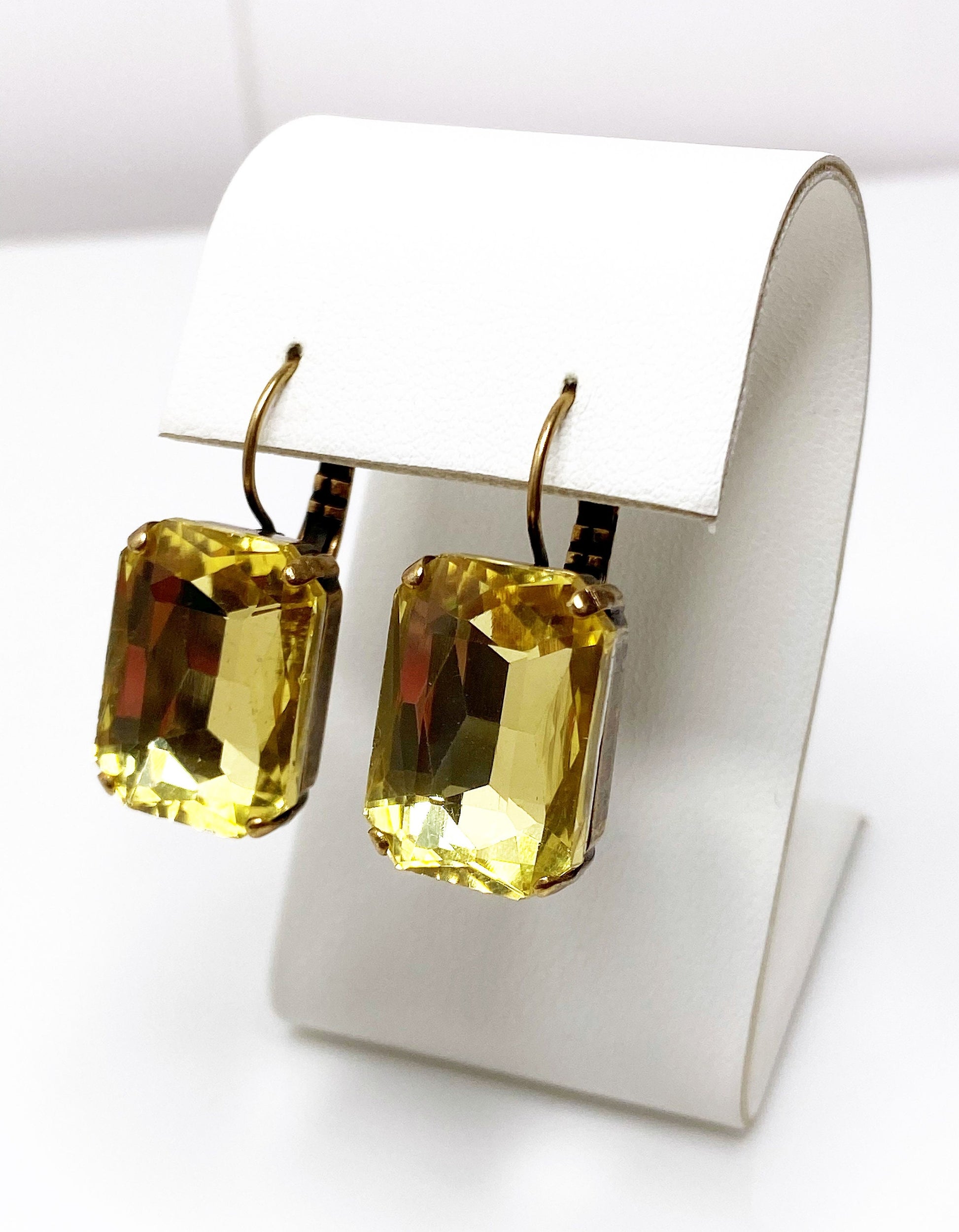 Citrine Lemon Crystal Earrings, Yellow Octagon Dangles, Rhinestone Drops, Earrings for Women, Statement Drops, Antique Brass, Georgian