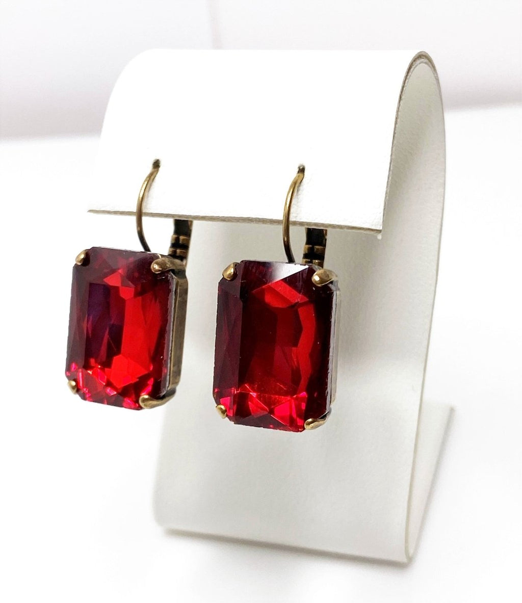 Red Siam Crystal Earrings | Antique Brass 