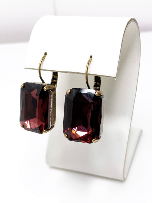 Wine Red Crystal Earrings | Burgundy Octagon Dangles | Rhinestone Drops