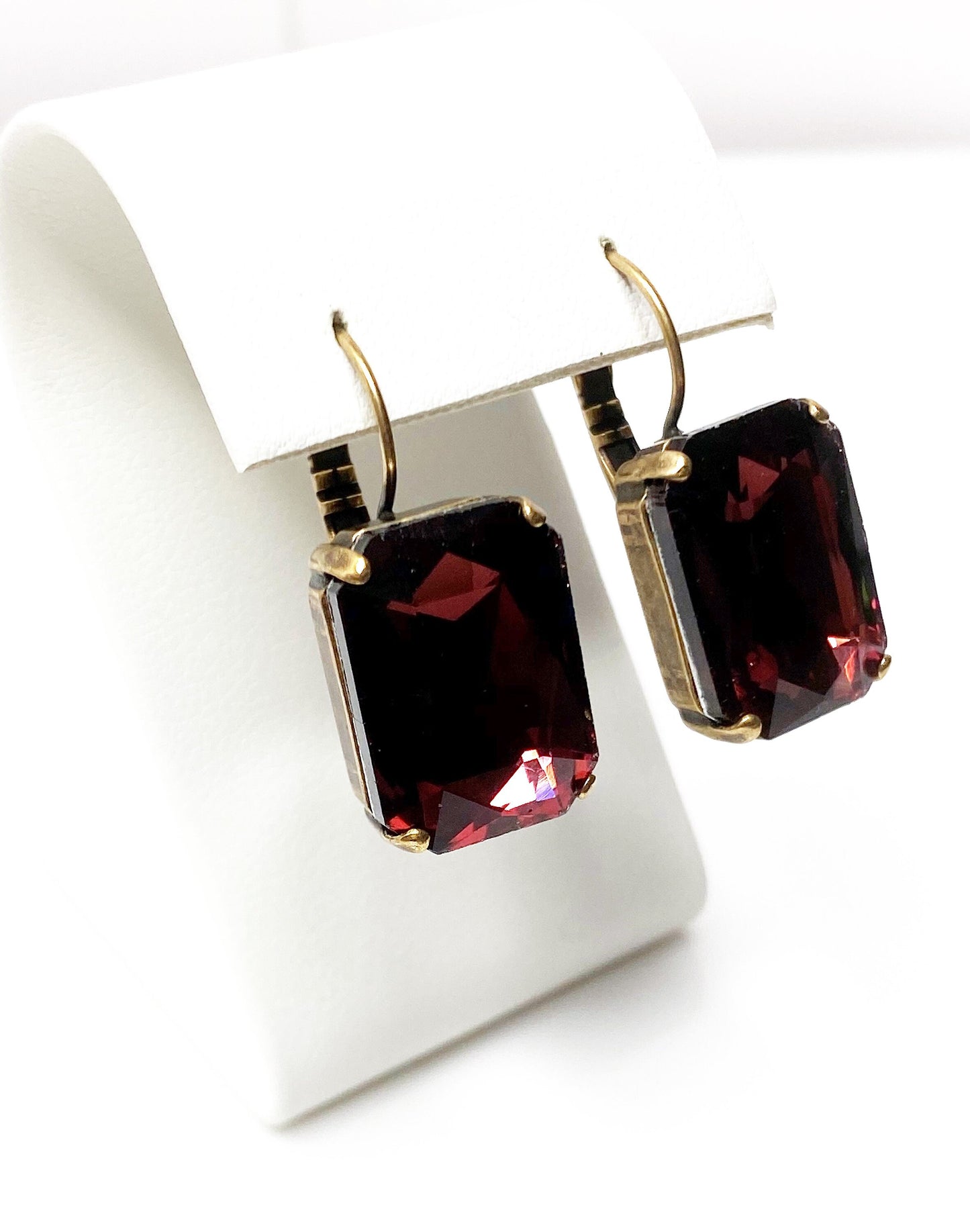 Wine Red Crystal Earrings | Burgundy Octagon Dangles | Rhinestone Drops