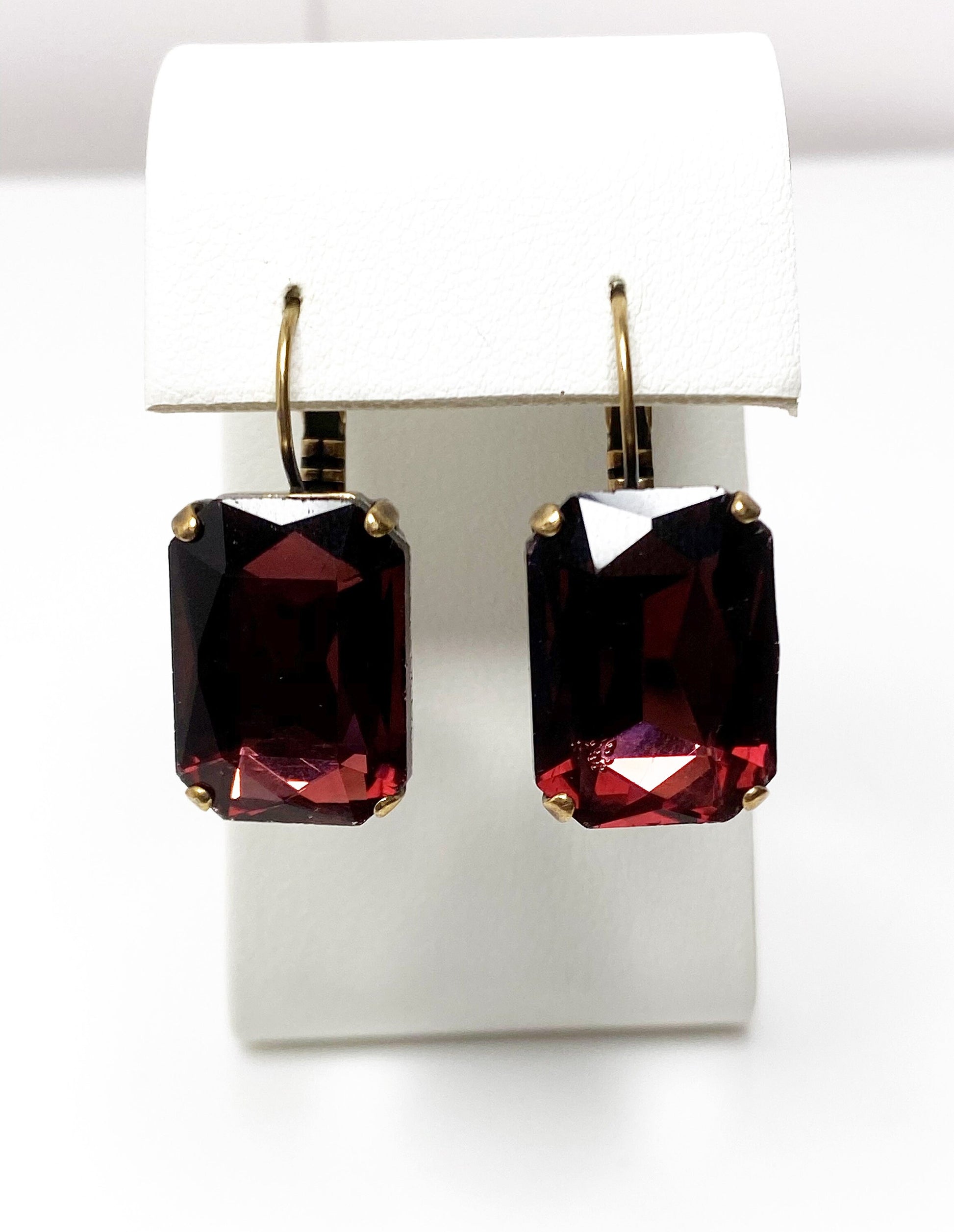 Wine Red Crystal Earrings | Burgundy Octagon Dangles | Rhinestone Drops