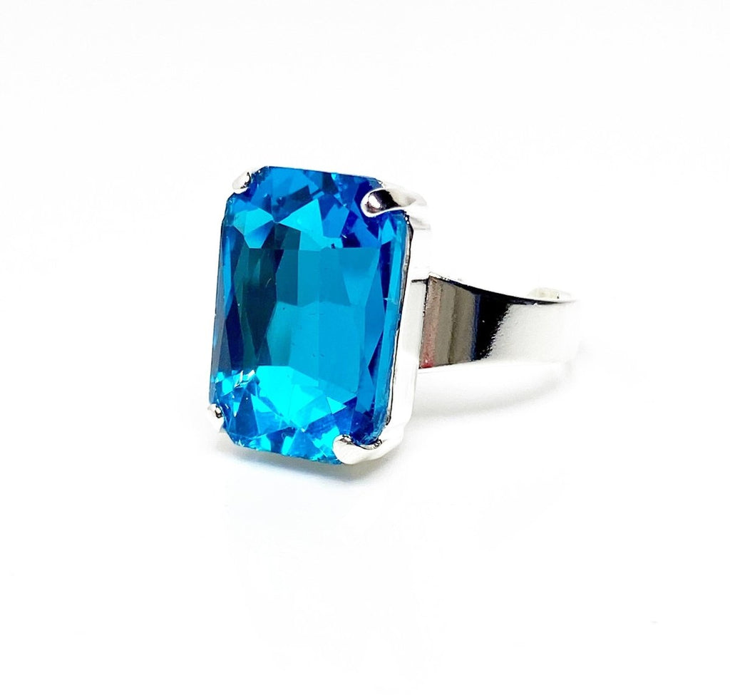 Aquamarine Crystal Ring | Blue Rectangle Statement Ring | Silver Plated