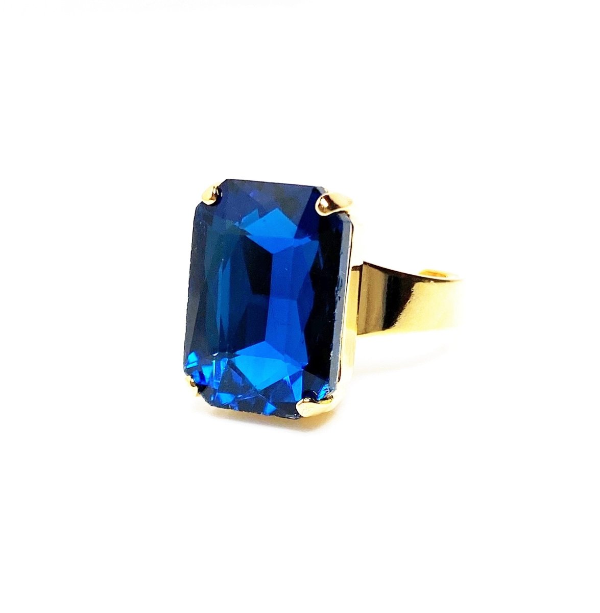 Blue Zircon Crystal Gold Plated Ring | Rectangle Statement Ring | Vintage Style