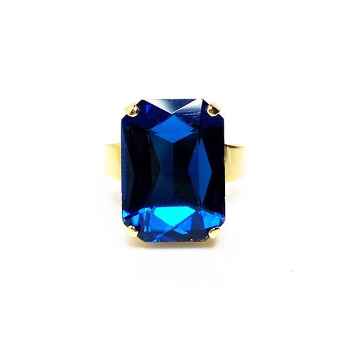 Blue Zircon Crystal Gold Plated Ring | Rectangle Statement Ring | Vintage Style