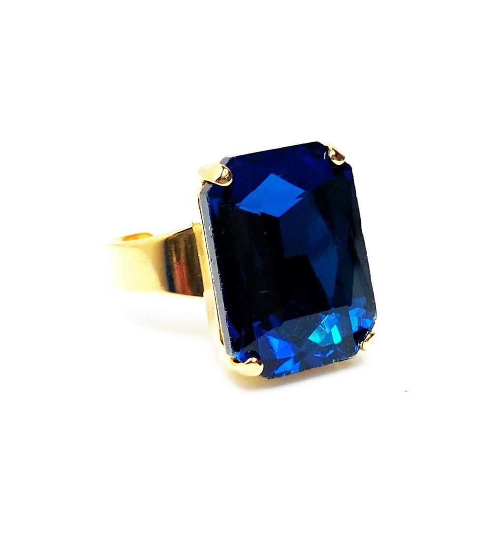 Blue Zircon Crystal Gold Plated Ring | Rectangle Statement Ring | Vintage Style