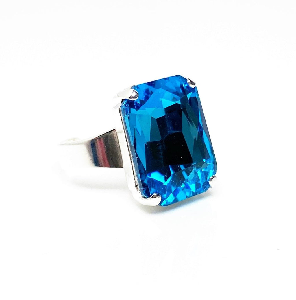 Aquamarine Crystal Ring | Blue Rectangle Statement Ring | Silver Plated