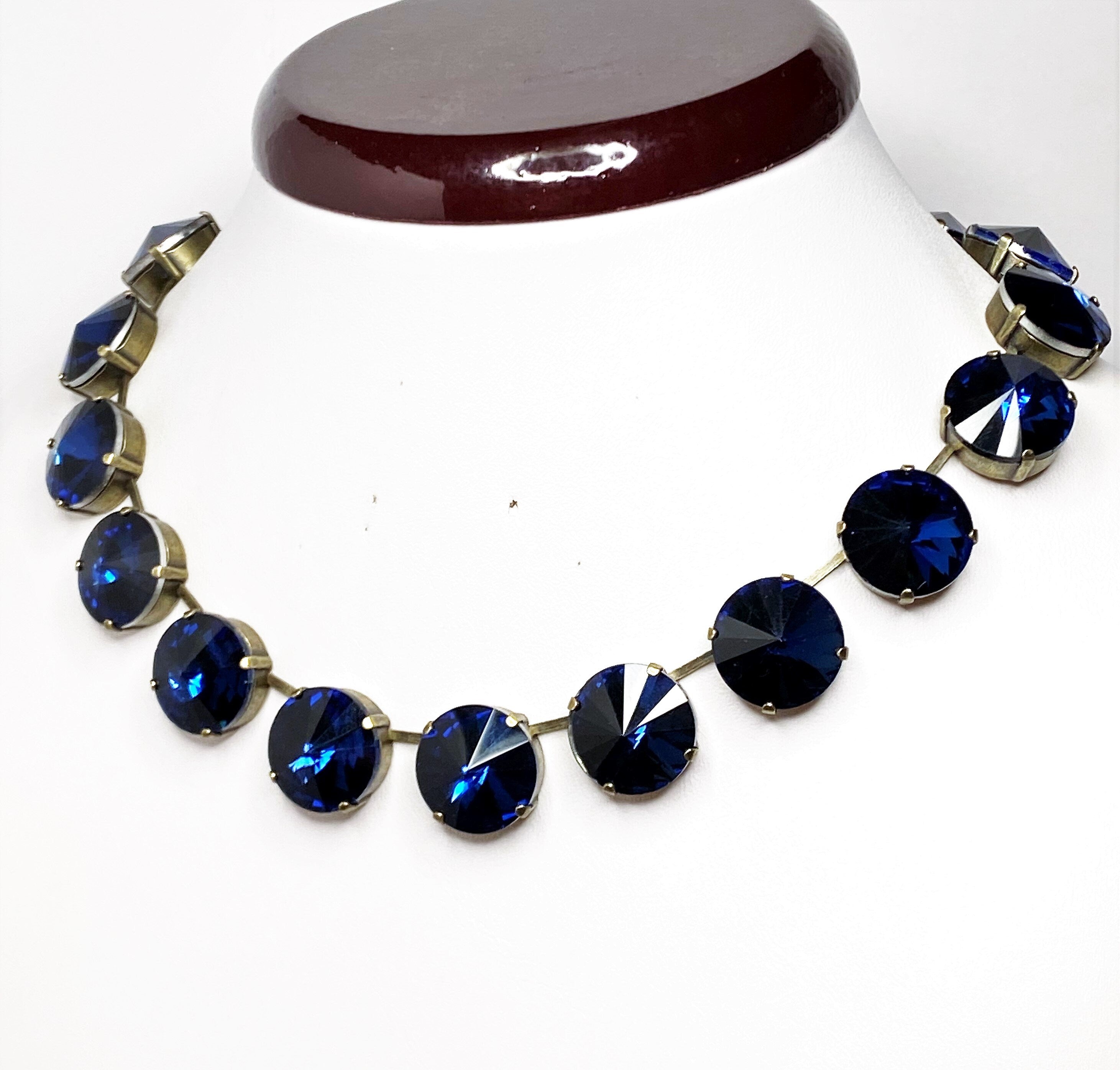 Rose Peach Dark Blue Crystal Chokers | Vintage Style Necklaces 
