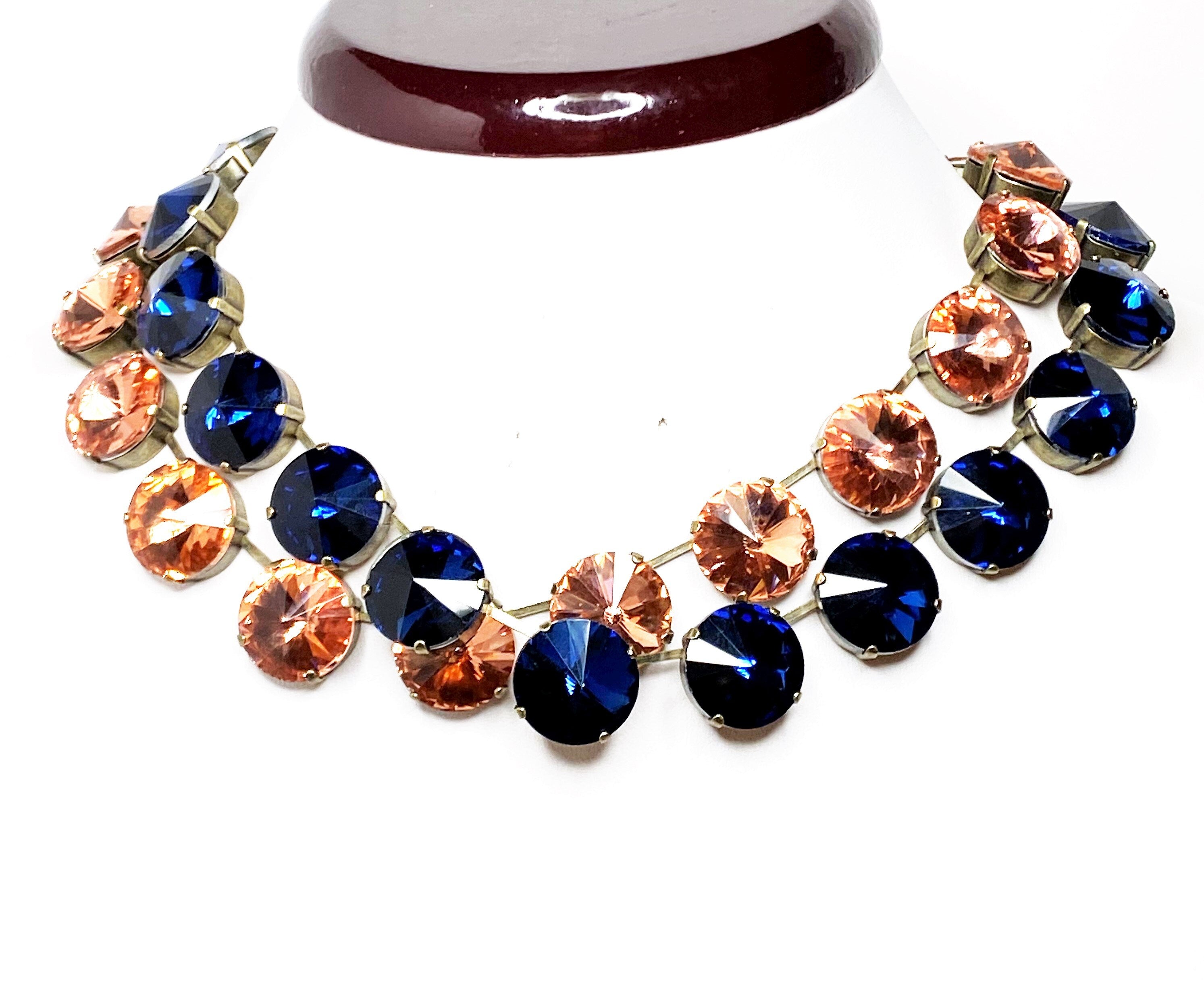 Rose Peach Dark Blue Crystal Chokers | Vintage Style Necklaces 