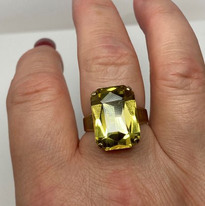 Yellow Crystal Rectangle Statement Ring | Antique Brass | Georgian Style