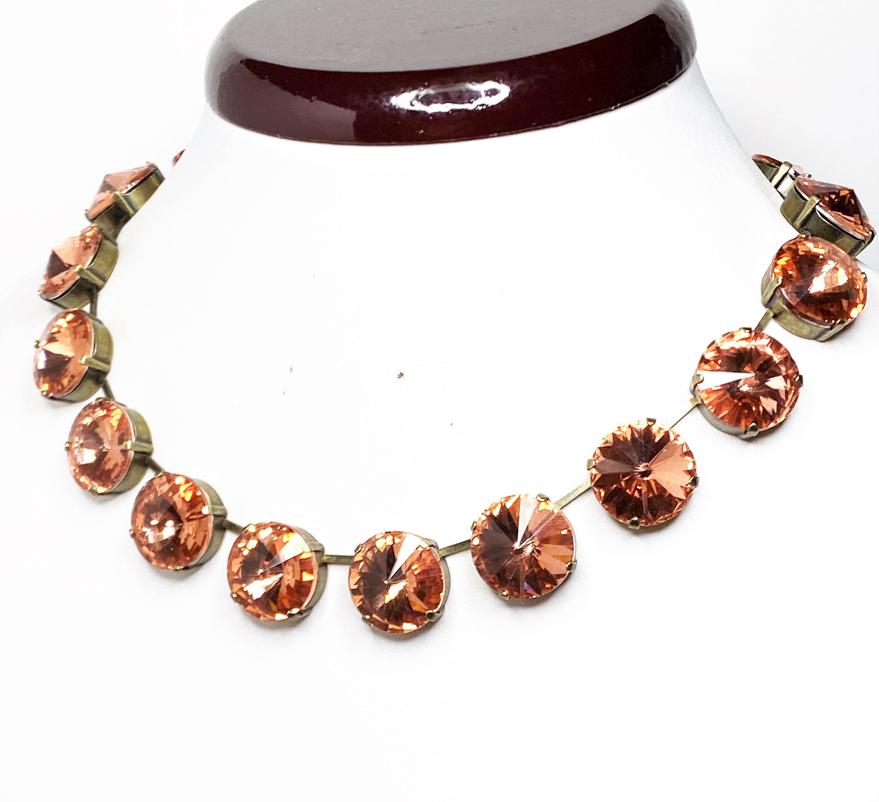 Rose Peach Dark Blue Crystal Chokers | Vintage Style Necklaces 