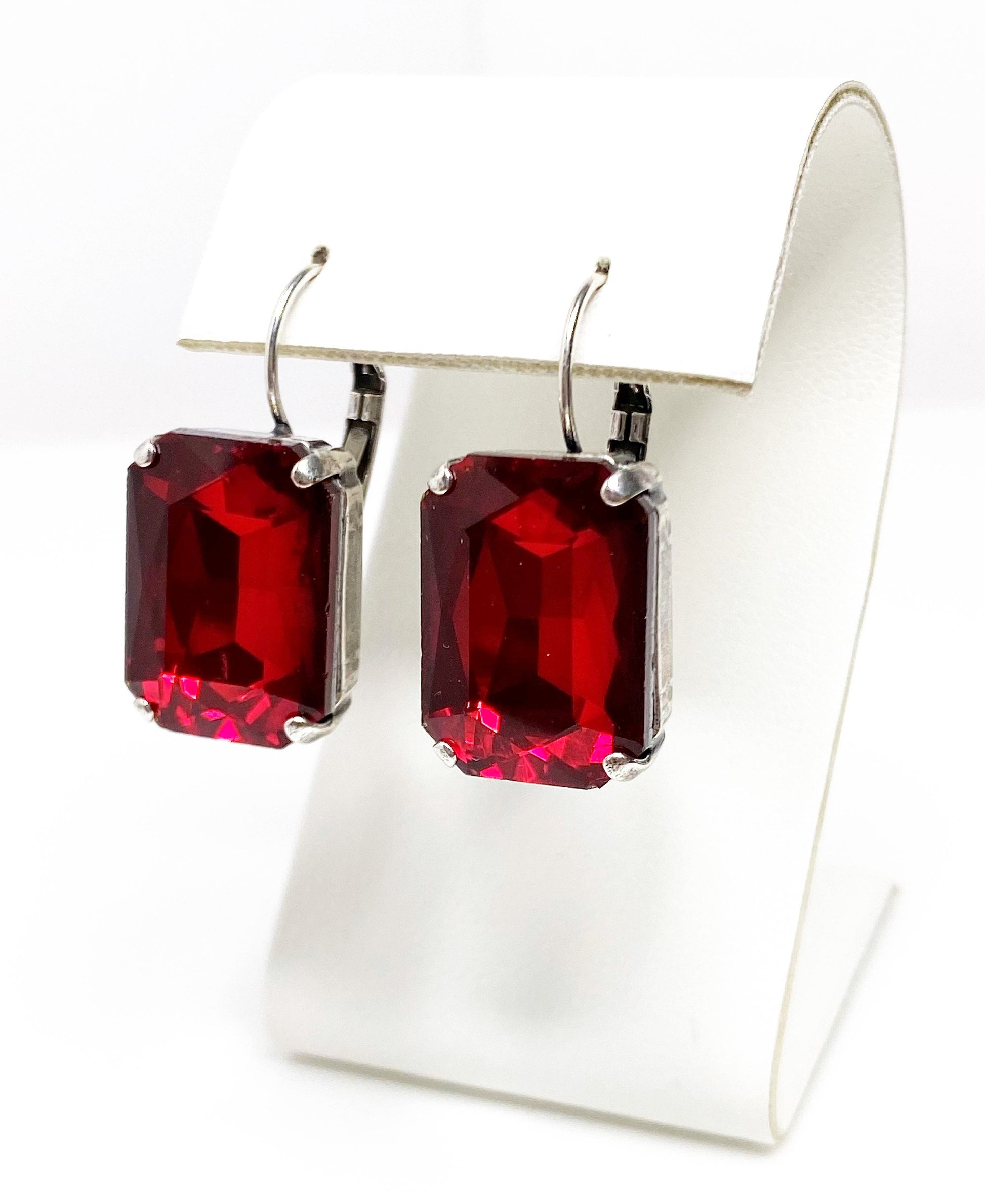 Dark Red Crystal Earrings | Red Octagon Rhinestone Drops | Antique Silver