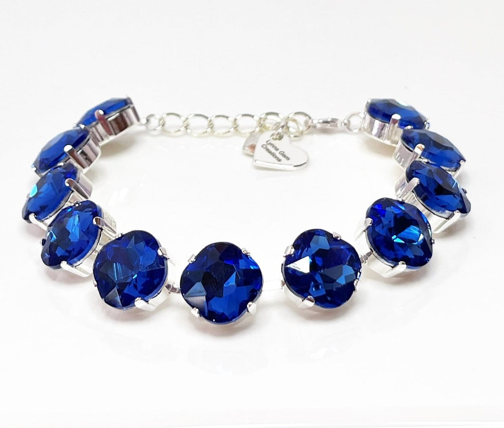 Sapphire Blue Crystal Silver Plated Bracelet | 12mm Cushion Cut Tennis Bracelet