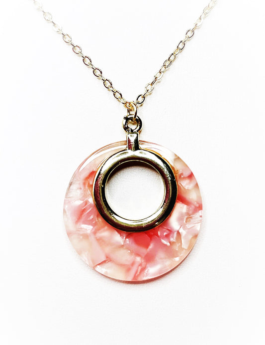 Light Pink Gold Acrylic Pendant, 14kt Gold Filled, Tortoise Shell Round Pendant, Women Birthday, Necklaces for Women, Acetate Necklace