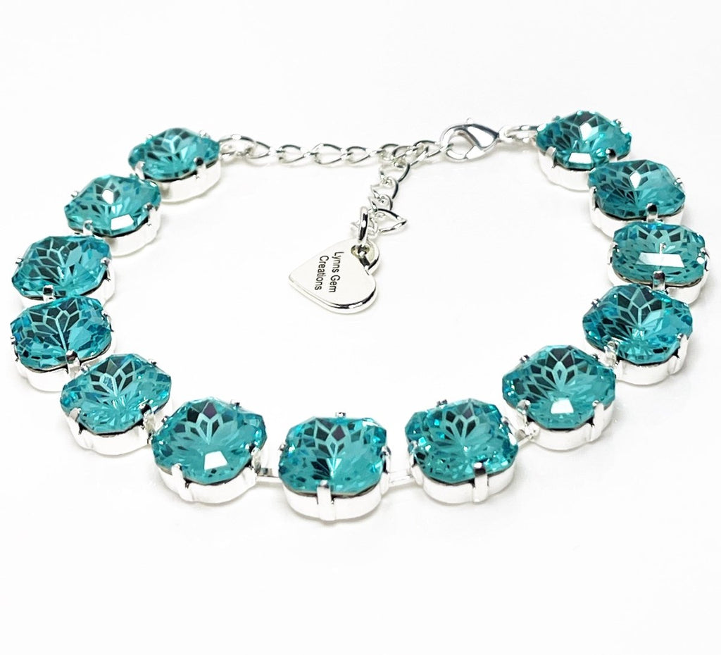 Aquamarine Crystal Silver Plated Bracelet | Lotus Cushion Cut Tennis Bracelet
