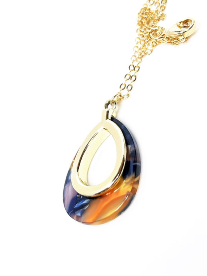 Orange Blue Gold Acrylic Pendant, 14kt Gold Filled, Tortoise Shell Teardrop Pendant, Women Birthday, Necklaces for Women, Acetate Necklace