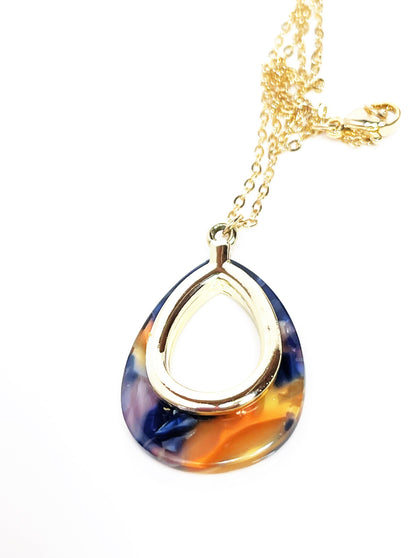 Orange Blue Gold Acrylic Pendant, 14kt Gold Filled, Tortoise Shell Teardrop Pendant, Women Birthday, Necklaces for Women, Acetate Necklace