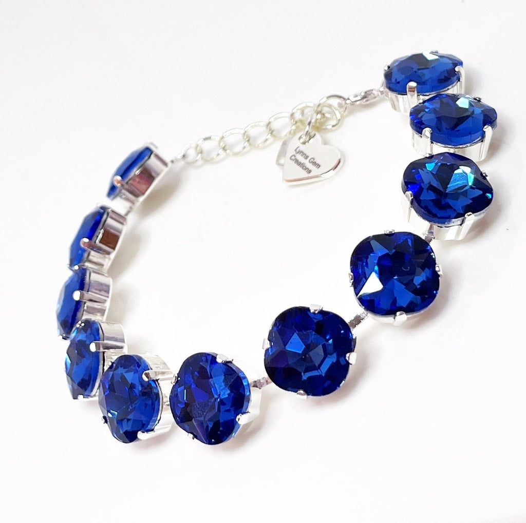Sapphire Blue Crystal Silver Plated Bracelet | 12mm Cushion Cut Tennis Bracelet