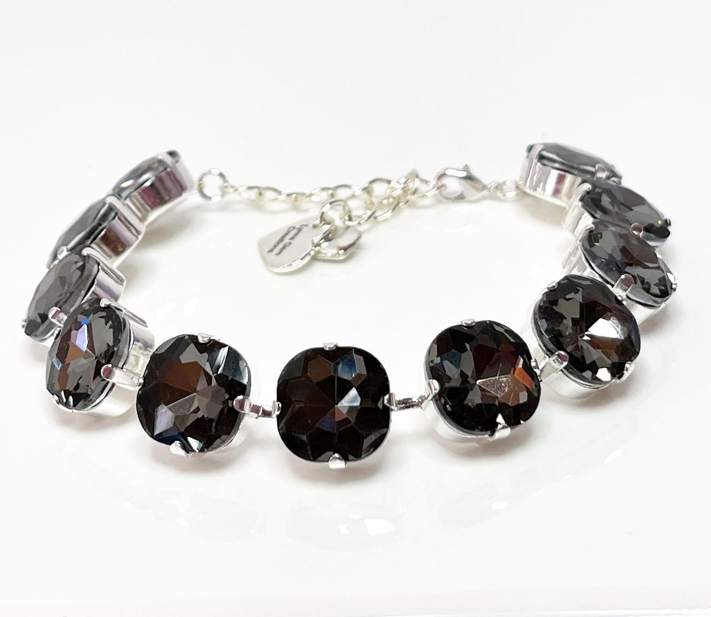 Silver Night Crystal Bracelet | Cushion Cut, Black Tennis Bracelet | Georgian Statement Bracelet