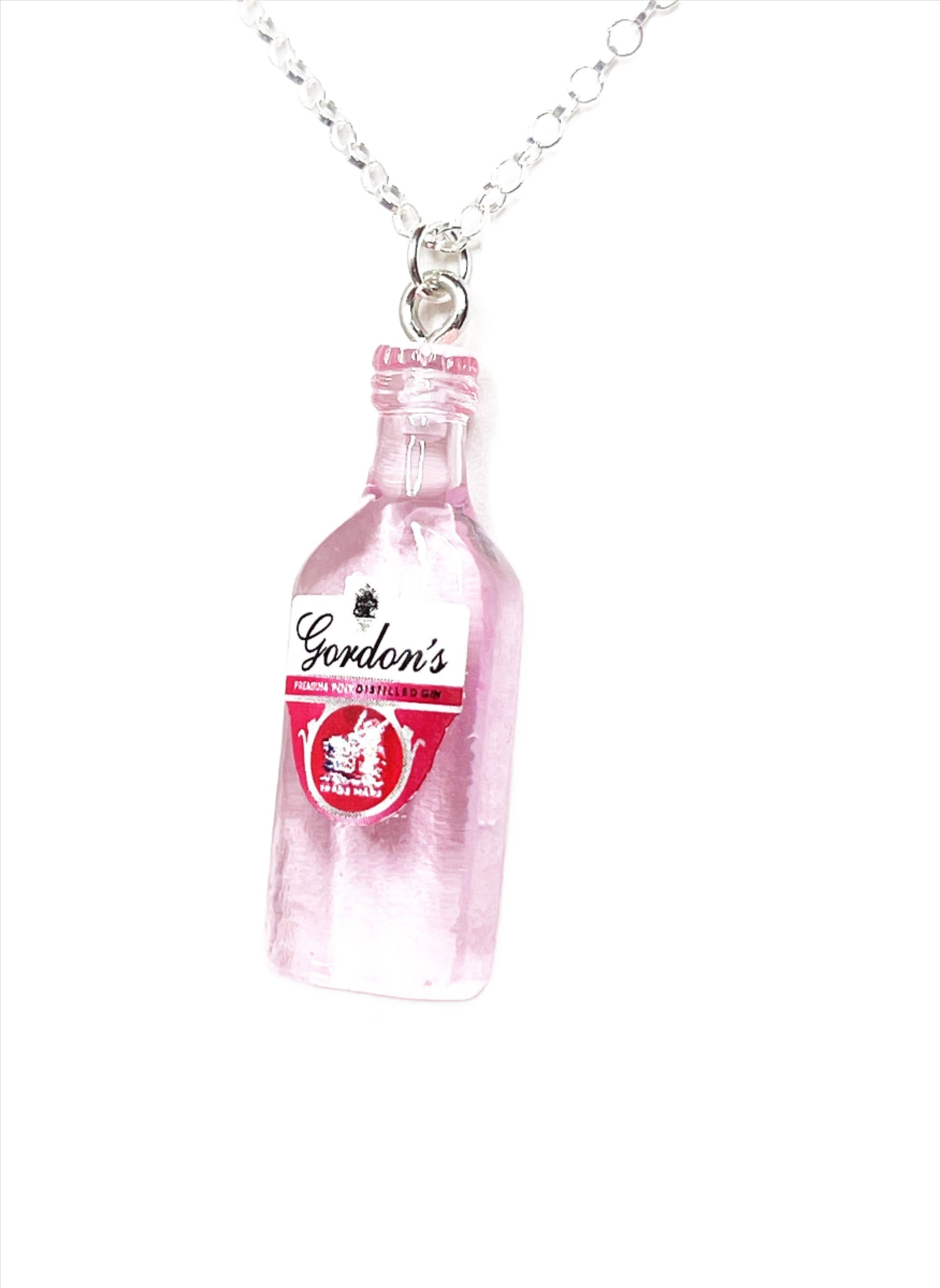 Pink Gin Bottle Necklace, Silver Plated, Sterling Silver, Quirky Funky Jewelry, Necklaces for Women, Fun Drink Jewellery, Gin Lovers