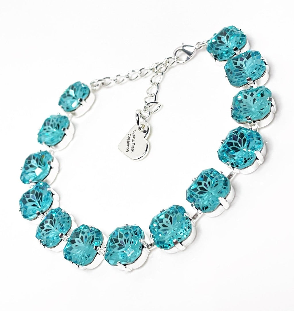 Aquamarine Crystal Silver Plated Bracelet | Lotus Cushion Cut Tennis Bracelet