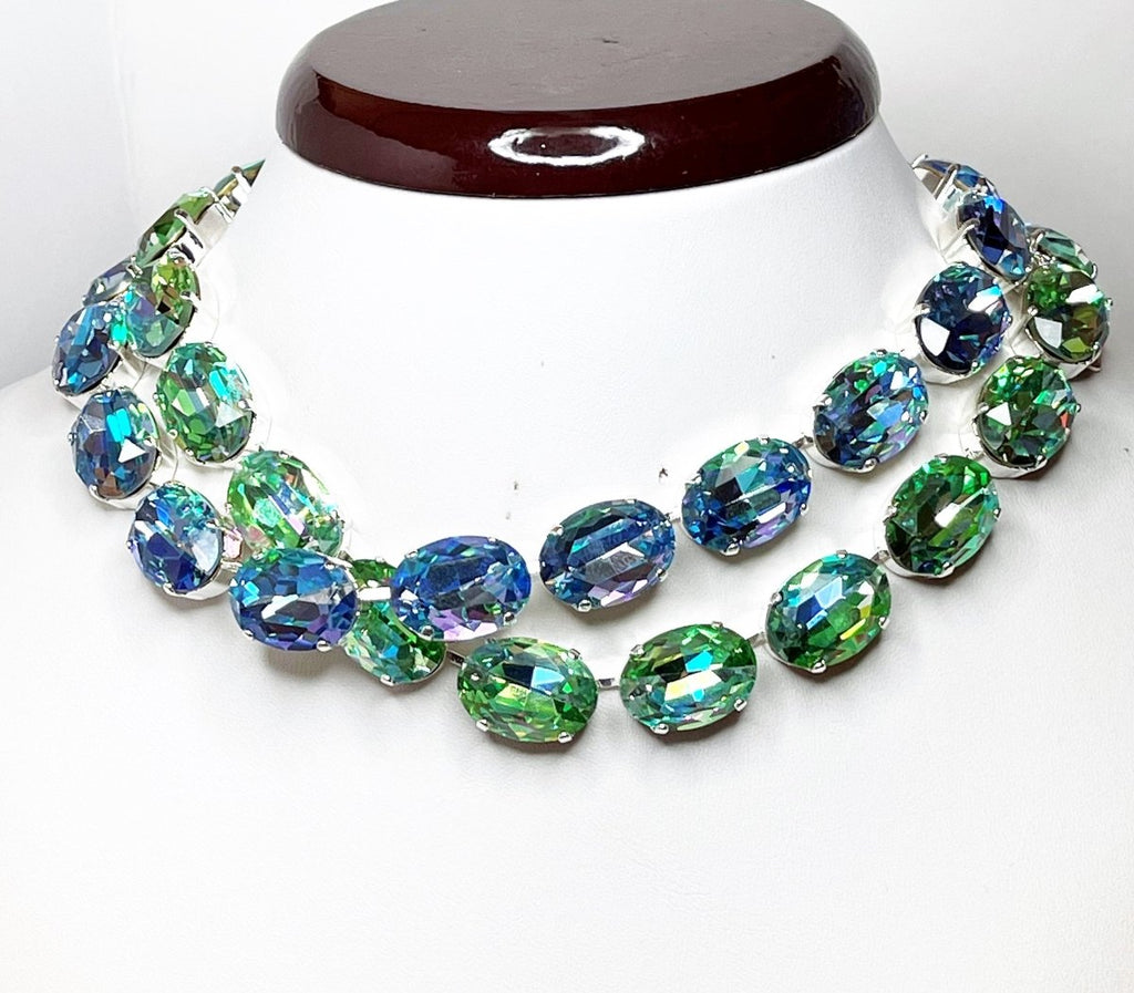 Sapphire Peridot Georgian Collet Necklaces, Anna Wintour Style, Peridot Laser Shine Crystal Choker, Riviere Statement Necklace, Layering Chokers