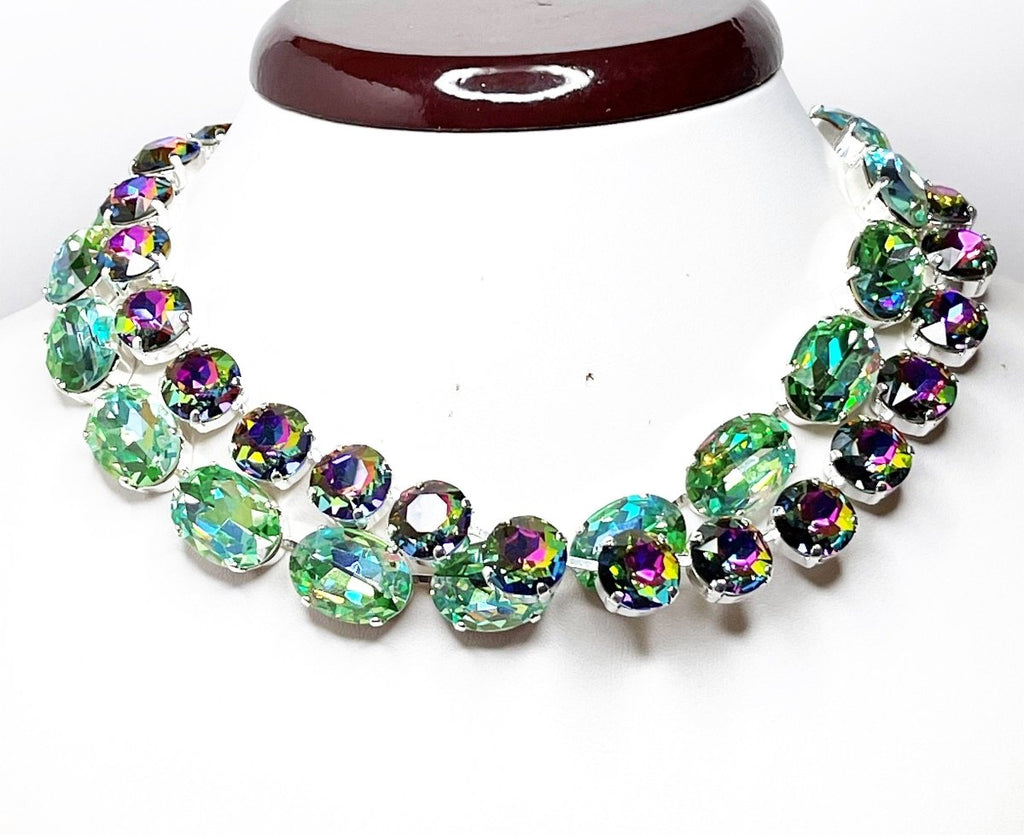 Rainbow Crystal Georgian Collet Necklaces | Anna Wintour Style | Peridot Rhinestone Choker | Riviere Necklace