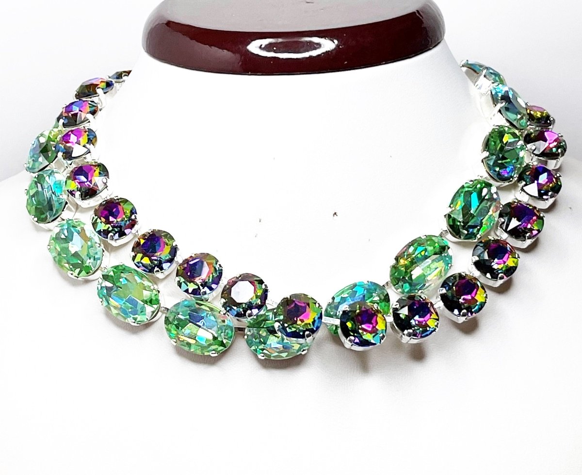 Rainbow Crystal Georgian Collet Necklaces | Anna Wintour Style | Peridot Rhinestone Choker | Riviere Necklace