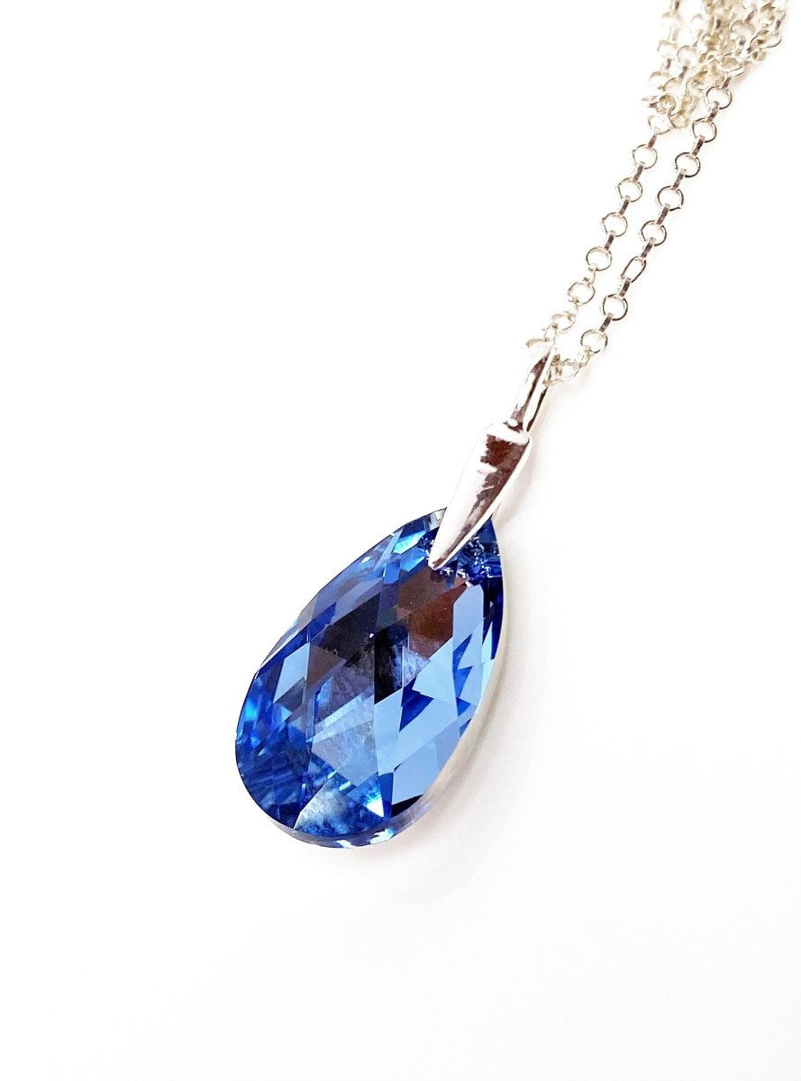 Light Sapphire Austrian Crystal Pendant | Blue Teardrop Necklace | Sterling Silverr