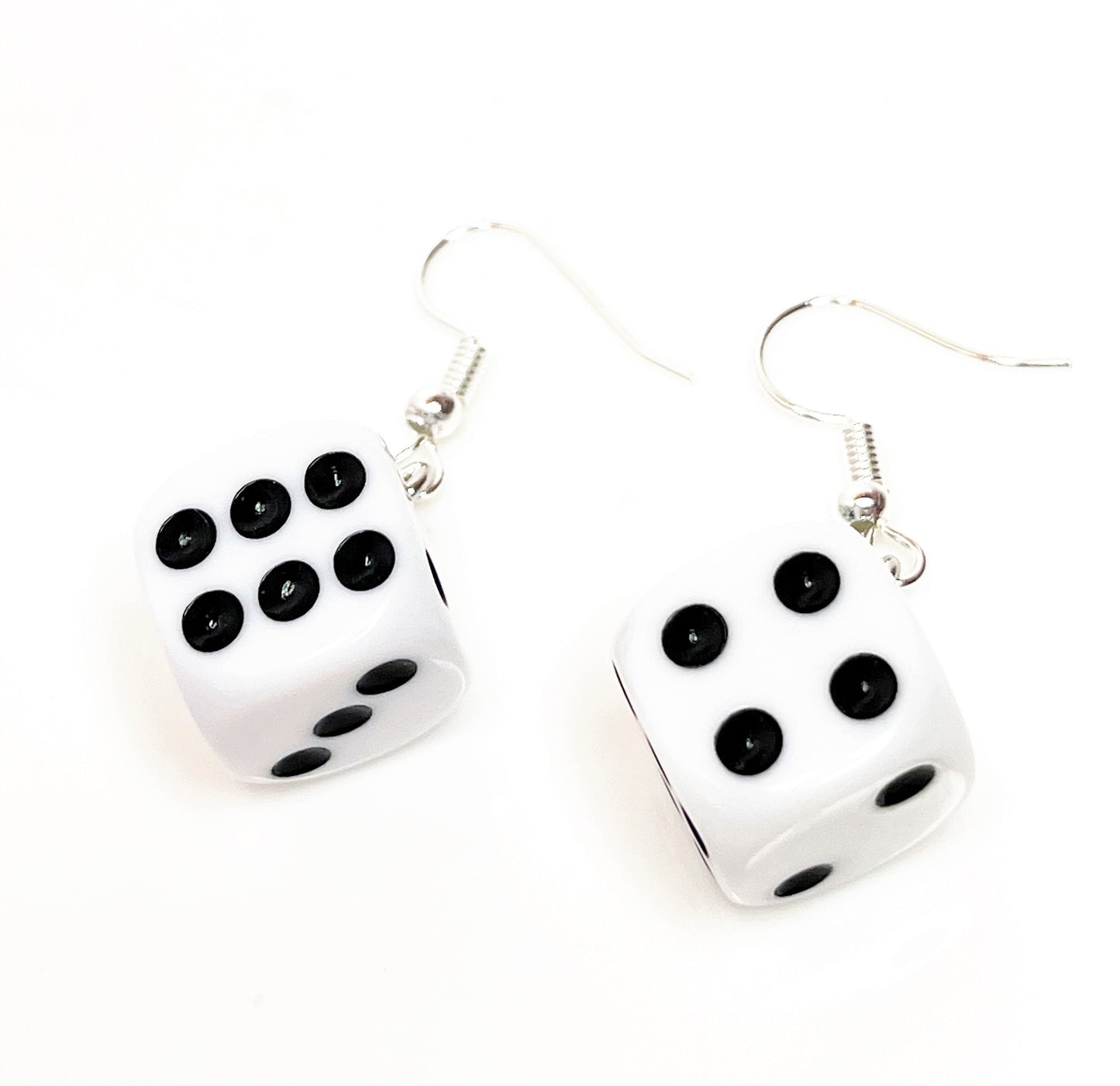 White Dice Earrings, Silver Plated, Sterling Silver, Quirky Earrings, Funky Drops, Earrings for Women, Fun Game Dangles, Game Lovers Drops