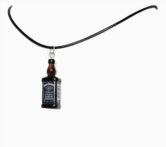 Minature Whiskey Bottle Pendant, Black Cord Choker, Silver Plated, Sterling Silver, Imitation Drink Necklace, Unisex Novelty Necklace