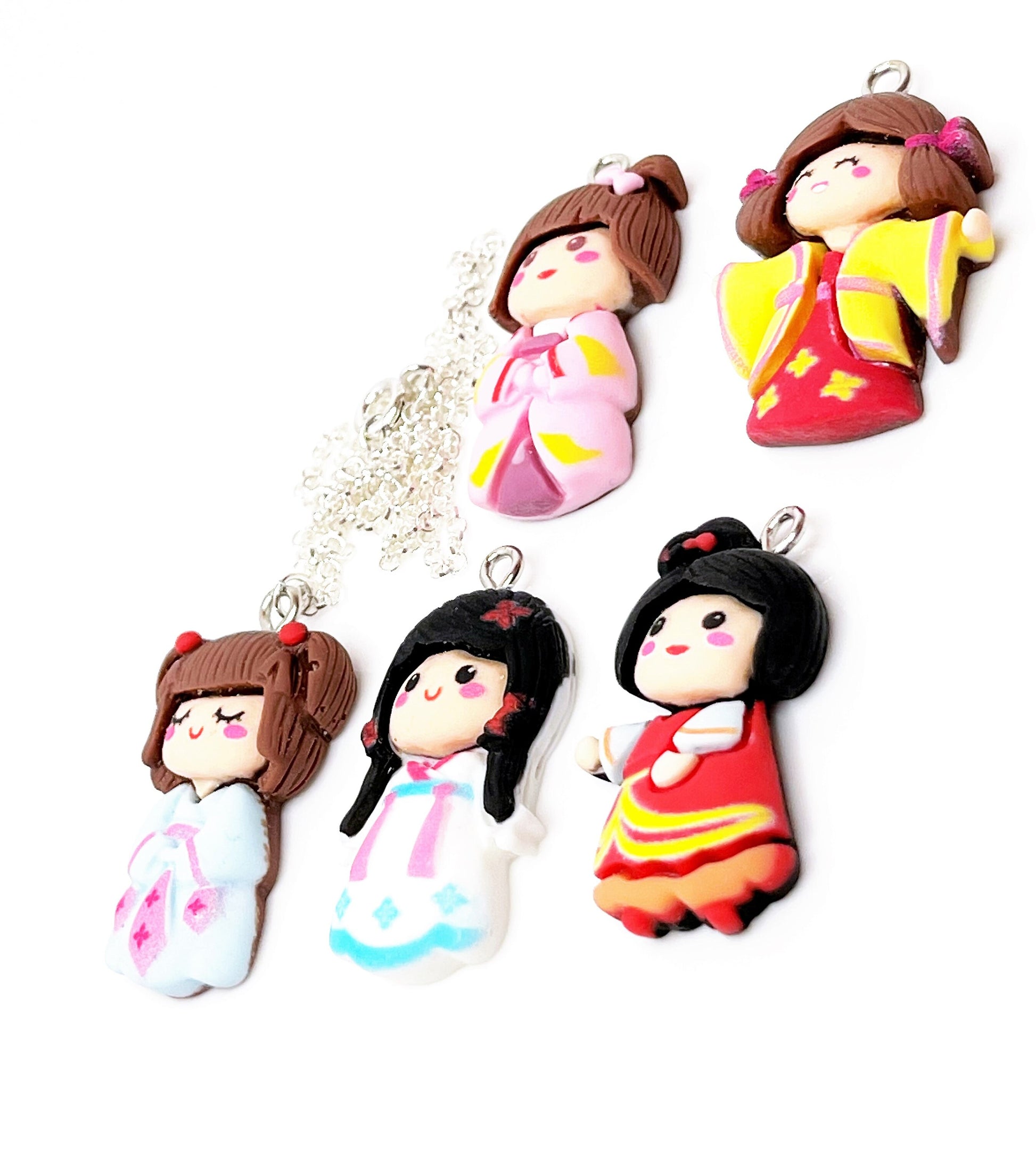 Kawaii Chinese Doll Pendant, Silver Plated, Sterling Silver, Hanfu Charm Necklace, Funky Resin Pendants, Necklaces for Women, Fun Jewellery