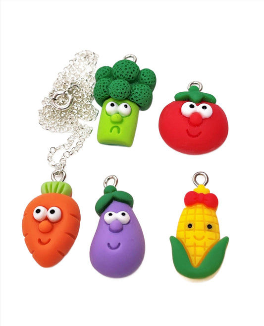Funny Face Vegetable Pendant, Silver Plated, Sterling Silver, Kawaii Charm Necklace, Funky Resin Pendant, Necklaces for Women, Fun Jewelry