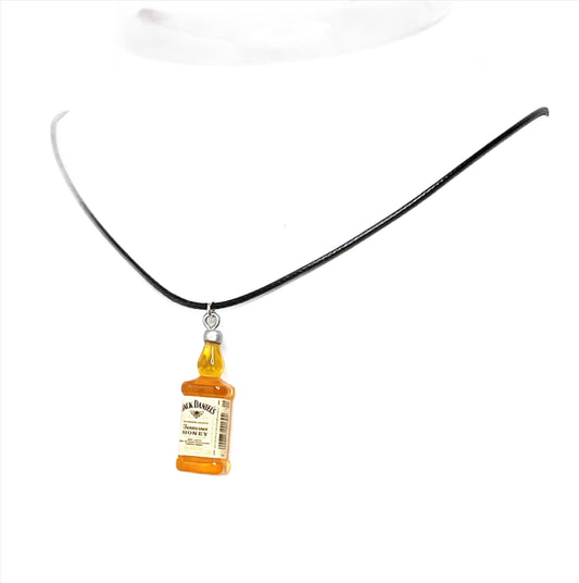 Honey Whiskey Minature Bottle Pendant, Black Cord Choker, Silver Plated, Sterling Silver, Imitation Drink Necklace, Unisex Necklace