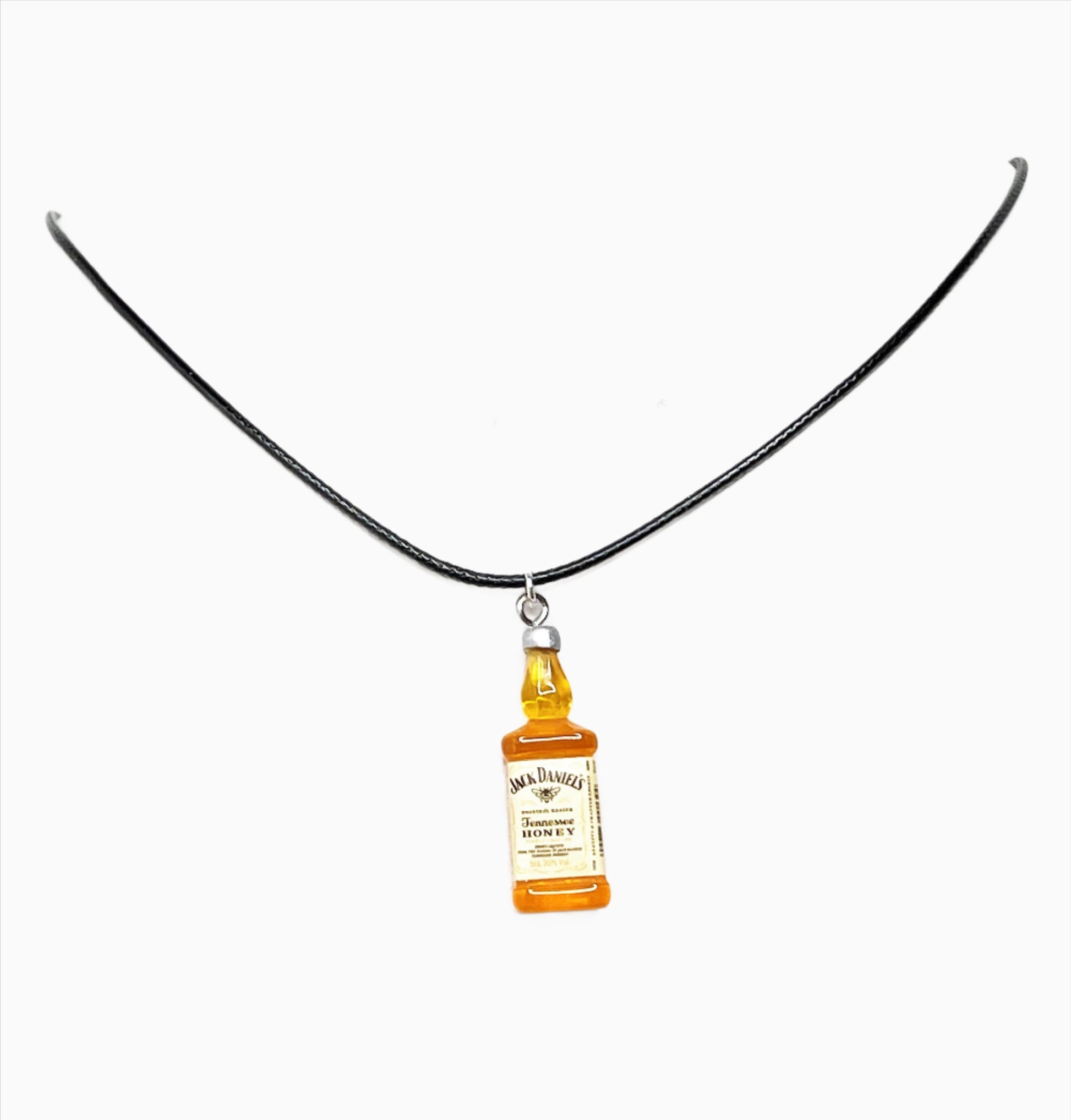 Honey Whiskey Minature Bottle Pendant, Black Cord Choker, Silver Plated, Sterling Silver, Imitation Drink Necklace, Unisex Necklace