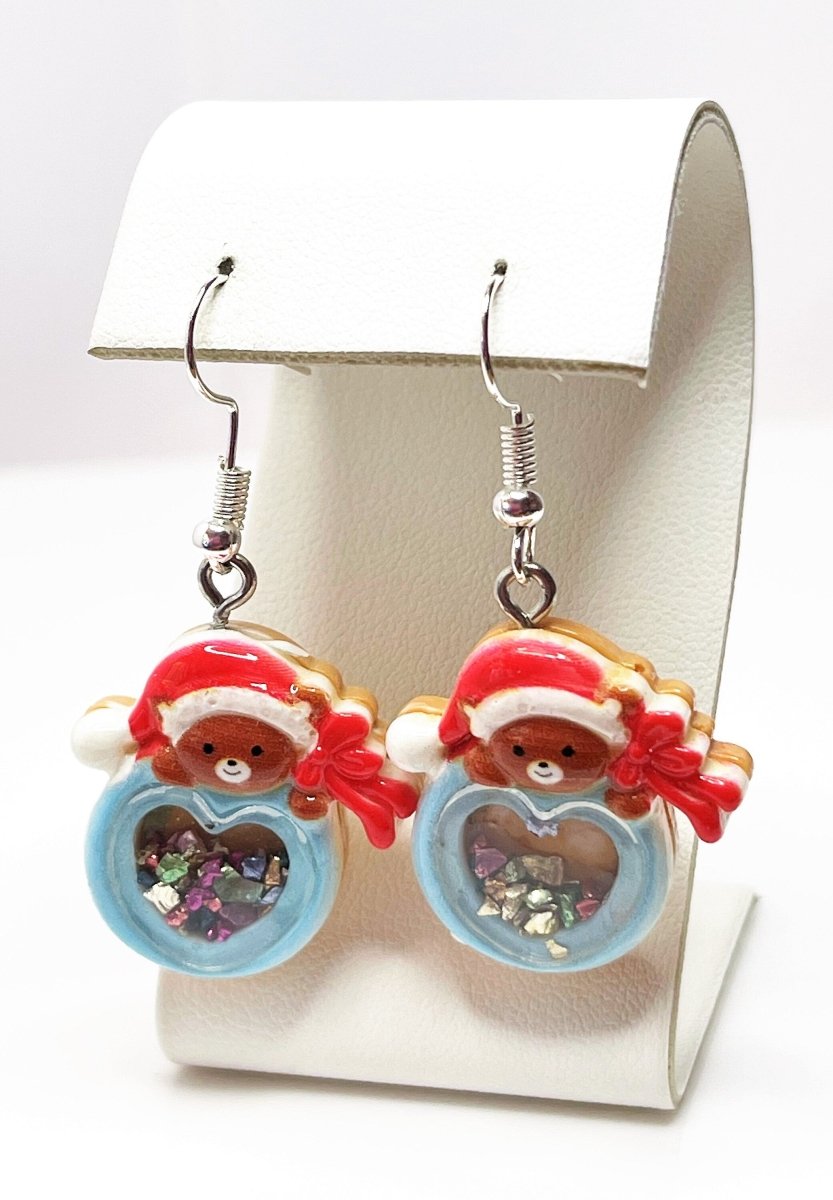 Cute Christmas Earrings | Glittery Teddy Heart Drops | Silver Plated | Sterling Silver