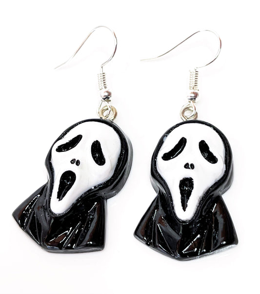 Scream Ghost Face Earrings, Silver Plated, Sterling Silver, Novelty Charm Dangles, Funky Resin Drops, Earrings for Women, Gothic Drops