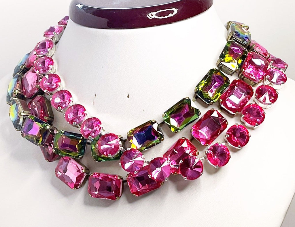 Pink Crystal Georgian Collet Necklaces | Anna Wintour Style | Rainbow Riviere Necklace