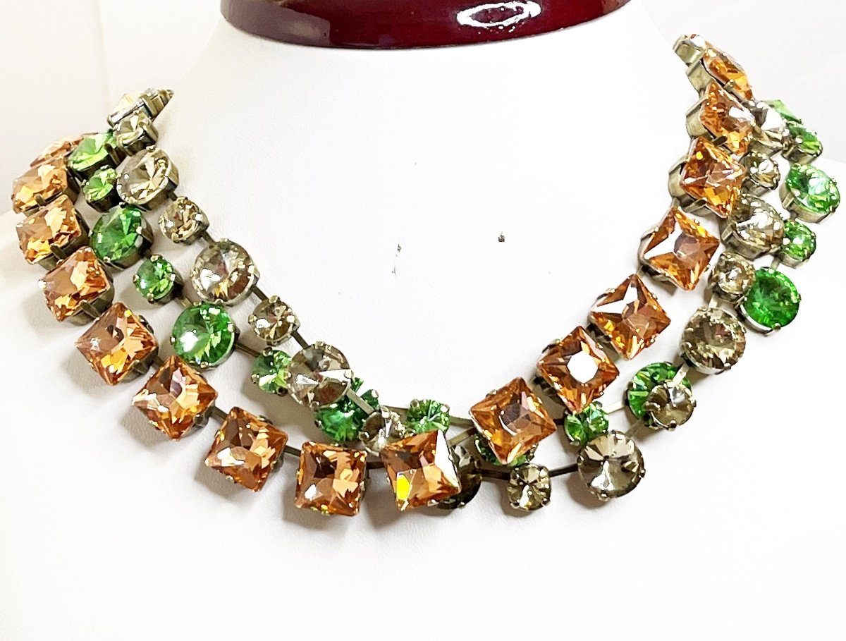 Anna Wintour Style Necklaces | Rose Peach Peridot Crystal Georgian Collet Statement Chokers