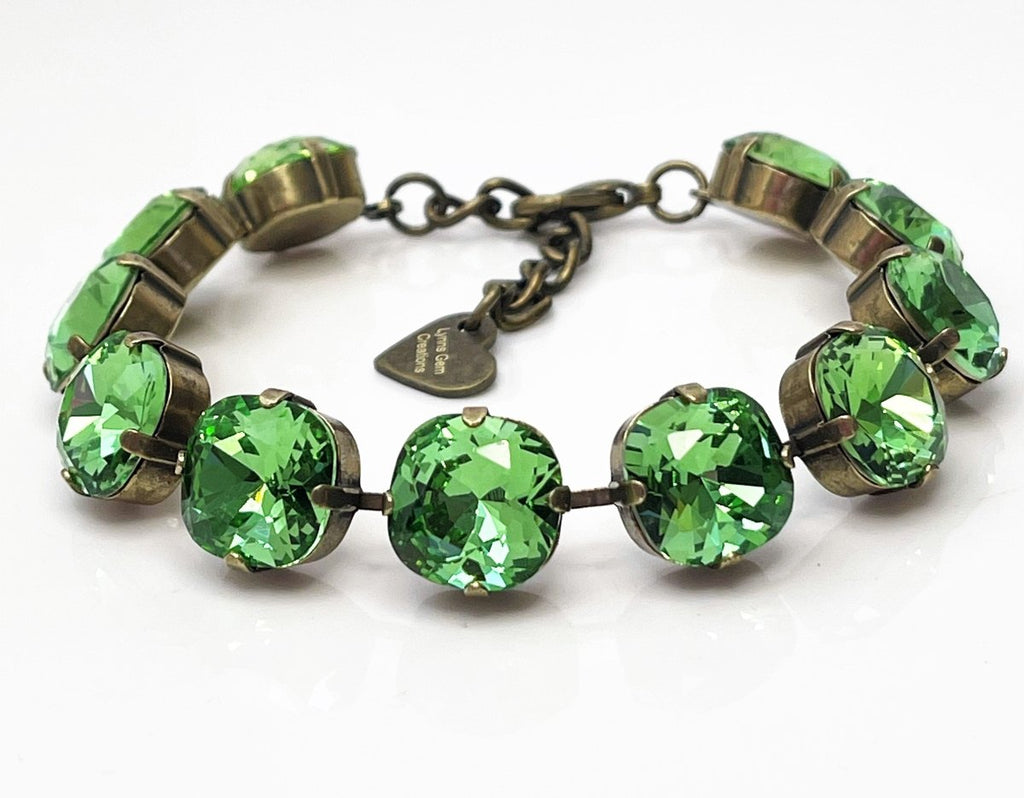 Peridot Green Crystal Antique Brass Bracelet | Cushion Cut Tennis Bracelet