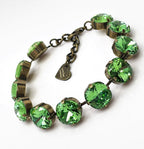 Peridot Green Crystal Antique Brass Bracelet | Cushion Cut Tennis Bracelet