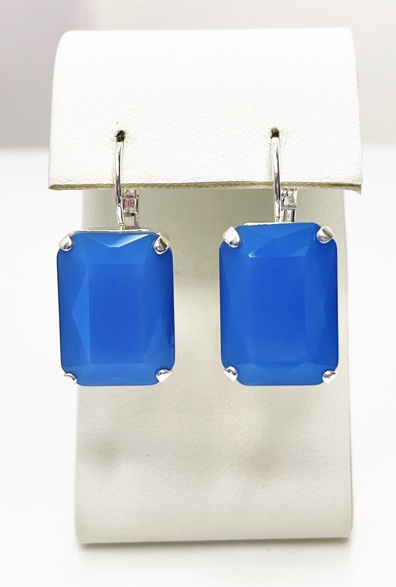 Blue Opal Crystal Silver Plated Earrings | Blue Octagon Statement Drops