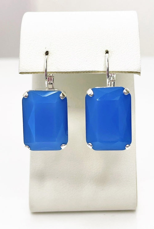 Blue Opal Crystal Silver Plated Earrings | Blue Octagon Statement Drops