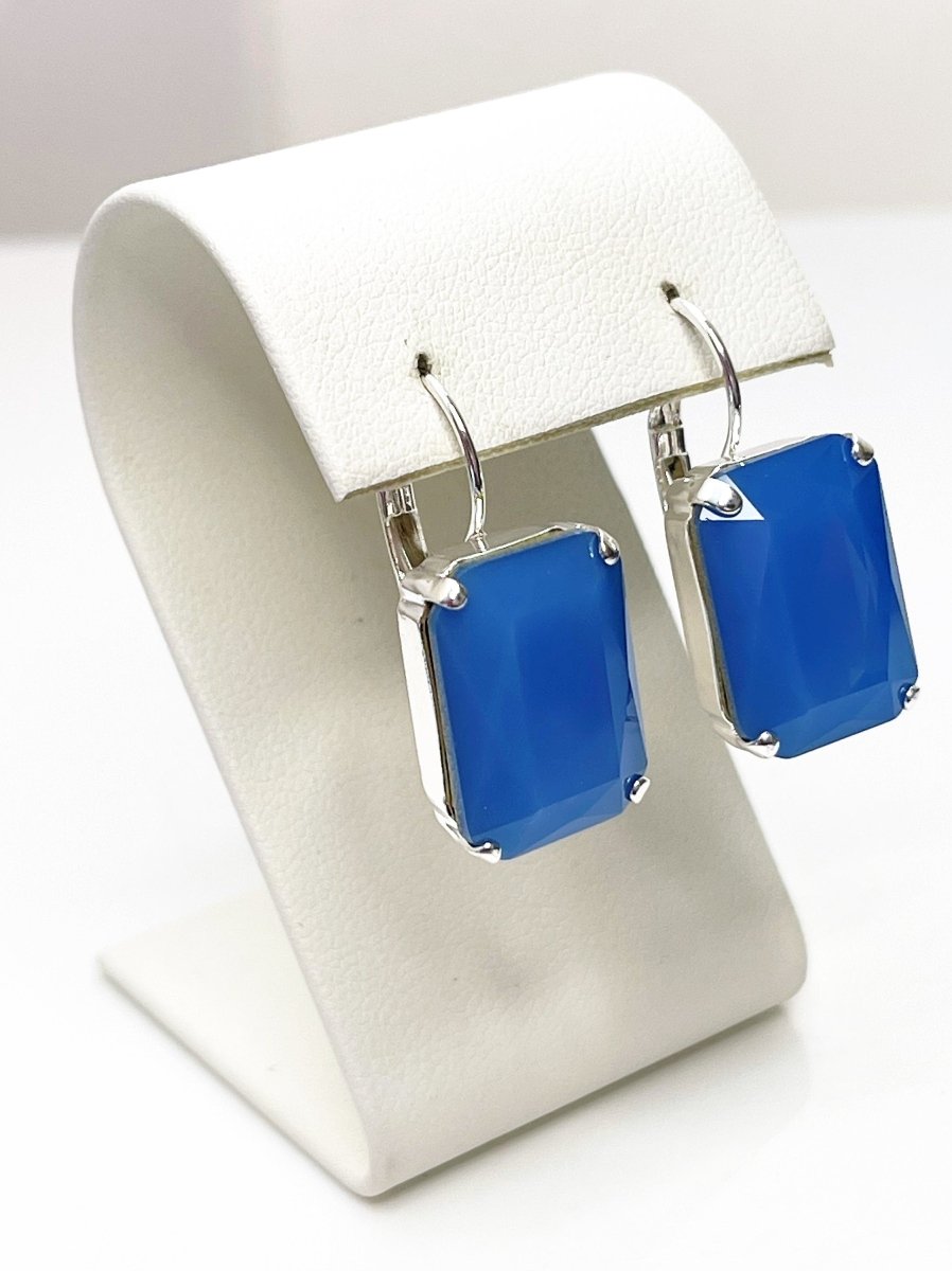 Blue Opal Crystal Silver Plated Earrings | Blue Octagon Statement Drops