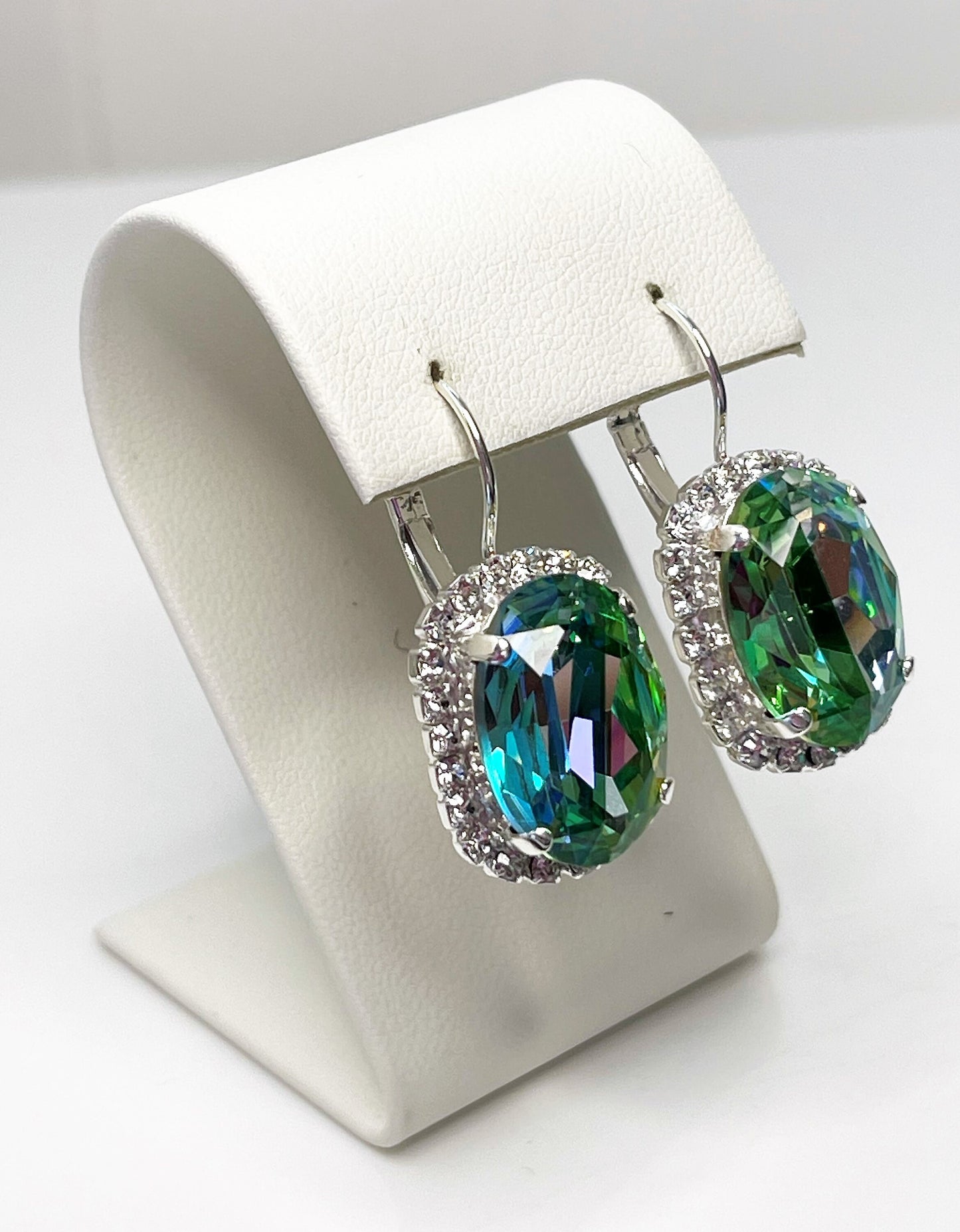 Green Crystal Earrings | Rainbow Oval Dangles | Silver Plated Statement CZ Drops